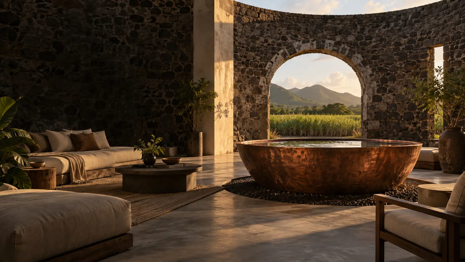 Mill courtyard with stone arches and a copper water vessel