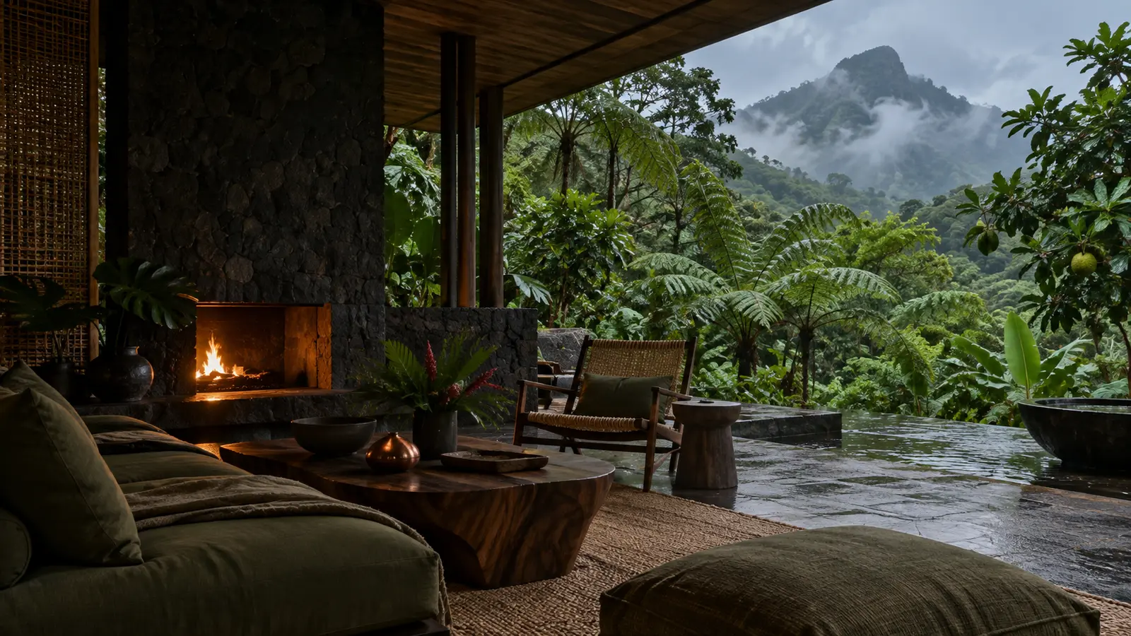 Timber and stone interior overlooking the rainforest