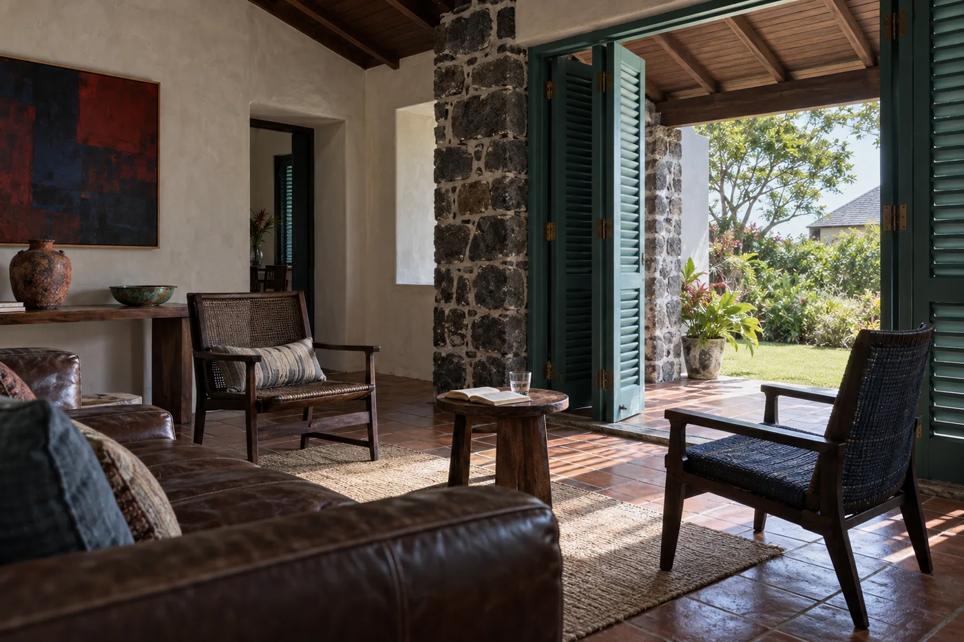 Interior with timber shutters, volcanic stone and clay floors